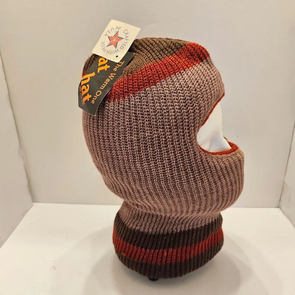 Vintage Fat Hat The Warm One Balaclava Ski Mask Brown Rust Striped Made in USA